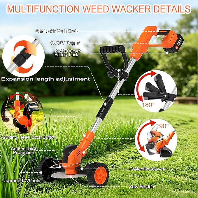 Cordles Weed Wacker, 21V Electric Weed Eater Battery Powered, No String Trimmer with Wheels & Metal Blades, Lightweight Grass Trimmer/Lawn Edger/Brush Cutter, Stringless Weed Trimmer for Yard Garden