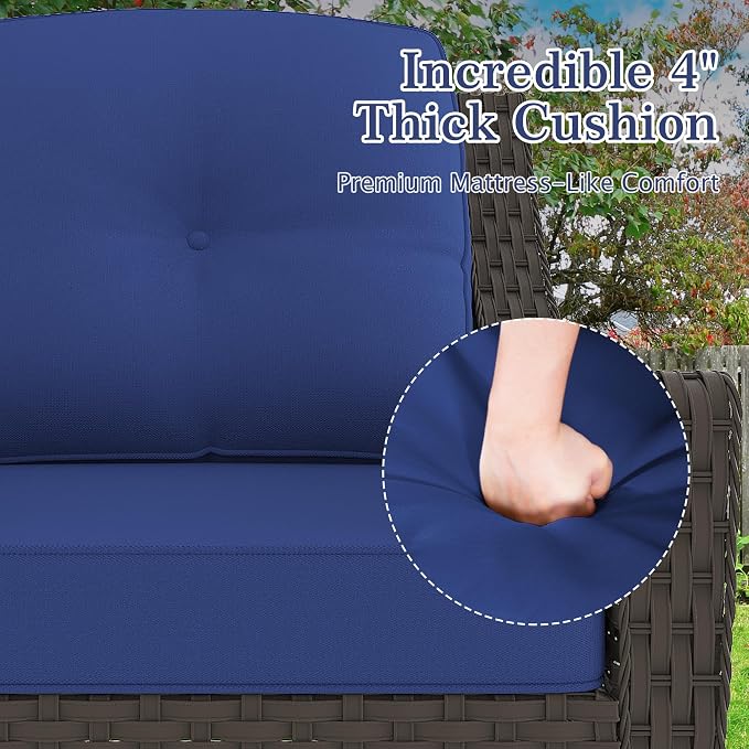 3 Pieces Patio Swivel Chairs & Side Table, PE Rattan Patio Chairs with Water-Resistant Cushion for Porch Outdoor Wicker Furniture Set (Blue, 3 PCS - Swivel Chair & Table)