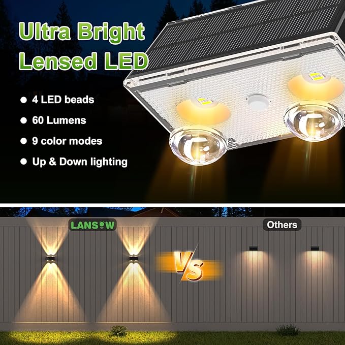 LANSOW Solar Fence Lights 8 Pack, Solar Powered Lights Outdoor Waterproof, 9-Mode Warm/Cool White & RGB Up-Down Led Spot Wall Lights Dusk to Dawn Decor for Backyard, Deck, Patio, Pool, Railing(Black)