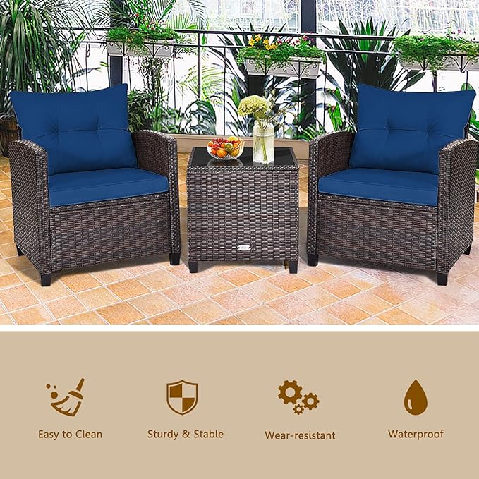 3-Piece Wicker Patio Furniture Set, Outdoor Sofa Set with Water-Resistant Cushion & Tempered Glass Table, Modern Navy Blue Patio Set