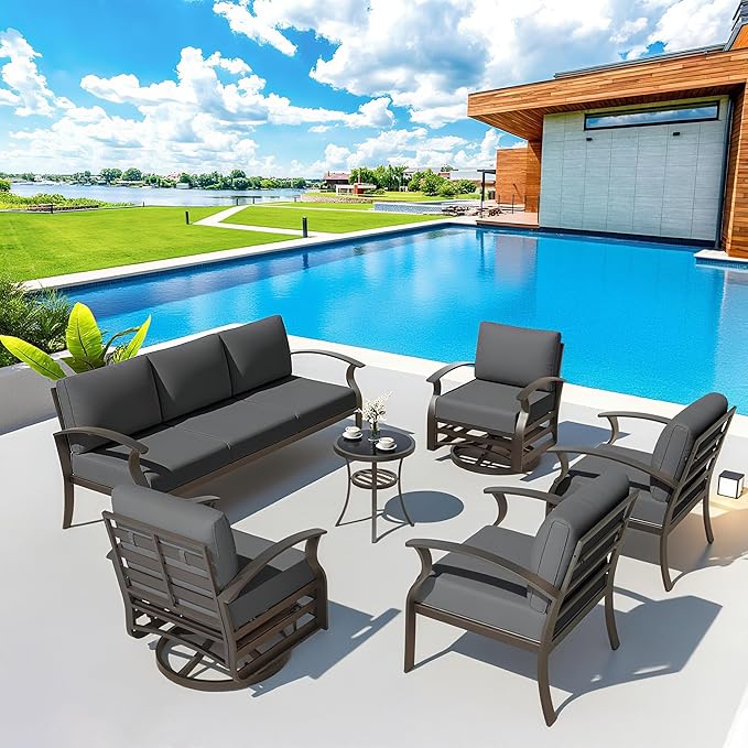 Aluminum Patio Furniture Set Patio Conversation Set,7 Seats Metal Modern Outdoor Furniture w/5.1" Cushions,Patio Sectional w/Swivel Chairs for Patio,Backyard,Grey