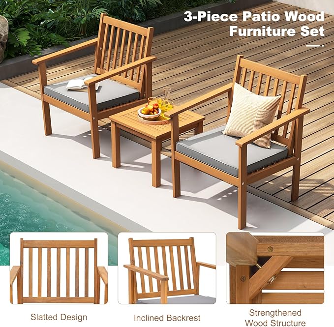 Tangkula 3 Pieces Patio Wood Furniture Set, Acacia Wood Chairs and Coffee Table Set with Soft Cushions, Slatted Design, Outdoor Furniture Set for Porch, Yard, Balcony (Grey)
