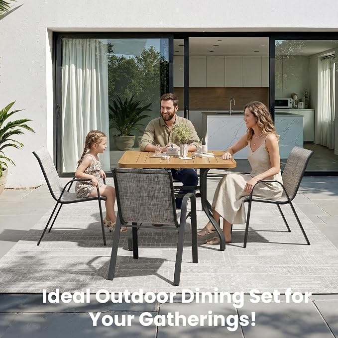 Soohow Outdoor Dining Set for 4, Outdoor Patio Dining Set 4 x Stackable Chairs & 1 x Wood-Like Outdoor Table with Umbrella Hole, All-Weather Patio Table and Chairs for Poolside, Backyard and Porch
