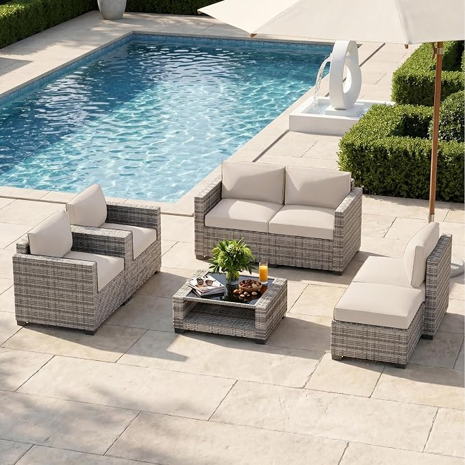 Patio Furniture Set, 7-Piece Outdoor Sectional Couch with Coffee Table & Thick Cushions, Outdoor Wicker Conversation Set for Backyard, Poolside, Garden (Grey White-White, 7 Piece-Double)