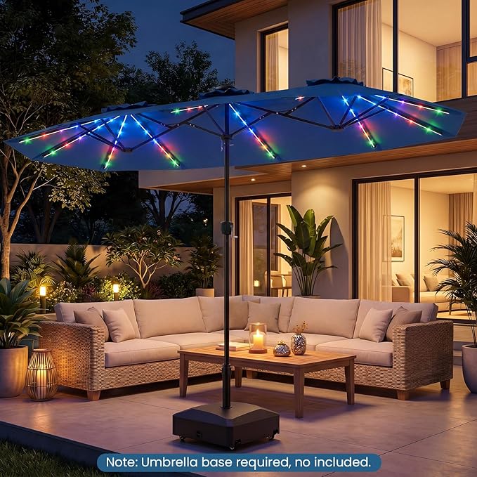 Tangkula 13 Ft Solar Patio Umbrella, Double-Sided Extra Large Outdoor Market Table Umbrella with Multi-Colored Flowing LED Lights, Crank Handle, 12 Sturdy Ribs for Poolside, Garden & Backyard (Navy)