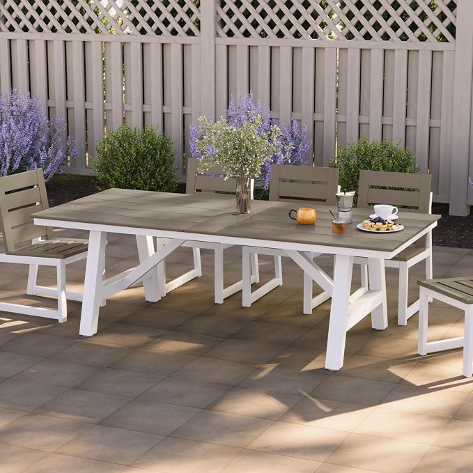 Costaelm Rectangle Patio Table, 8-Person Backyard Table 90" HDPE Dining Table with Umbrella Hole and Metal Frame for Outside, Garden, Poolside, Deck, Porch, Balcony, Weathered Wood