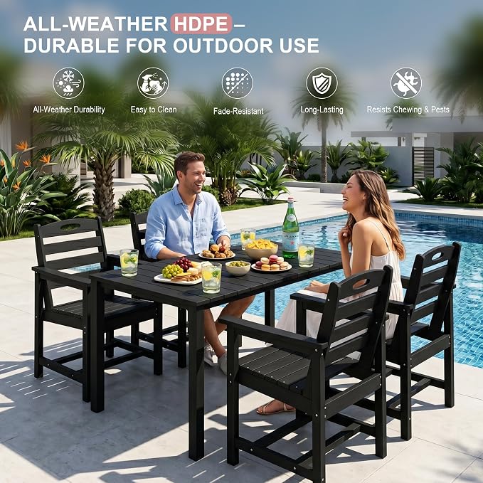 Domi HDPE Outdoor Dining Set, All-Weather 7 Piece Outdoor Dining Table Set with 2" Umbrella Hole, Outdoor Patio Dining Set for Garden, Poolside, Backyard, Deck, Black