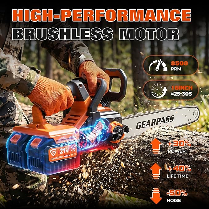 42V 16-Inch Cordless Chainsaw with 2x 4.5Ah Battery & Dual Fast Charger, Brushless Electric Chain Saw, Tool-Free Tensioning, Auto Oiling, Chain Brake, for Tree Wood Cutting Yard Work