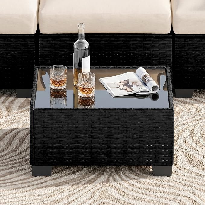 Patio Furniture Set, 7-Piece Outdoor Sectional Couch with Coffee Table & Thick Cushions, Outdoor Wicker Conversation Set for Backyard, Poolside, Garden (Black-White, 7 Piece-Single)