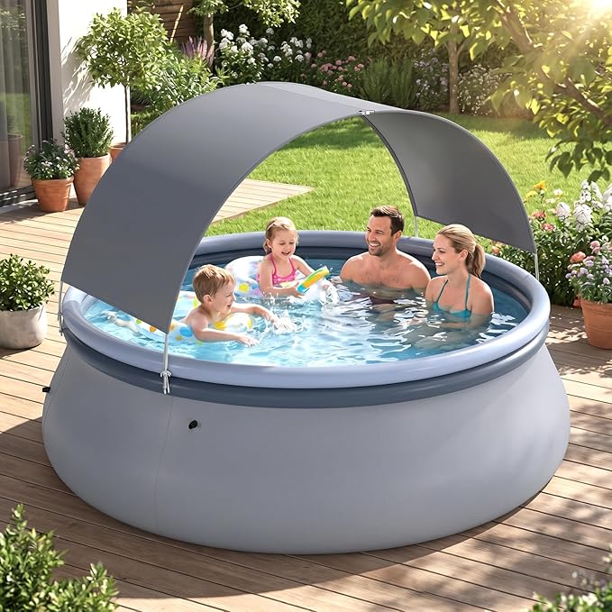 Goplus Inflatable Pool with Canopy, Large Round Above Ground Swimming Pool w/ 2 Air Chambers, Repair Patch, Top Ring Blow Up Pools for Backyard, Lawn, Garden (118” x 68”)