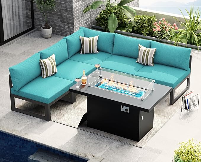 NICESOUL® 6 Piece Oversized Modern Grey Aluminum Outdoor Patio Sectional Set with Fire Pit Table Propane/Natural Gas, 29'' Deep Wide Sofa Conversation, 500lbs Sturdy Comfy L Shaped Couch, Turquoise