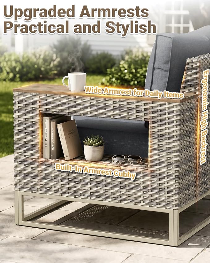 Outdoor Patio Furniture Set 13-Piece PE Rattan Wicker Outdoor Sectional Sofa with 5,000 BTU Fire Pit Table, Modern Modular L-Shaped Conversation Set with Thickened Cushions and Chunky Arms, Slate Grey