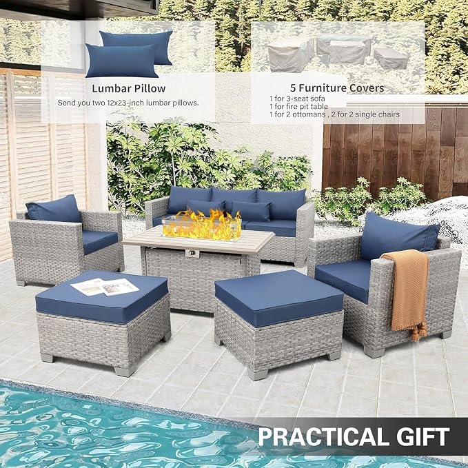 6-Piece Wicker Outdoor Patio Furniture Set with PE Rattan Sectional Sofa, Conversation Set and Fire Pit Table for Backyard Patio(Green)