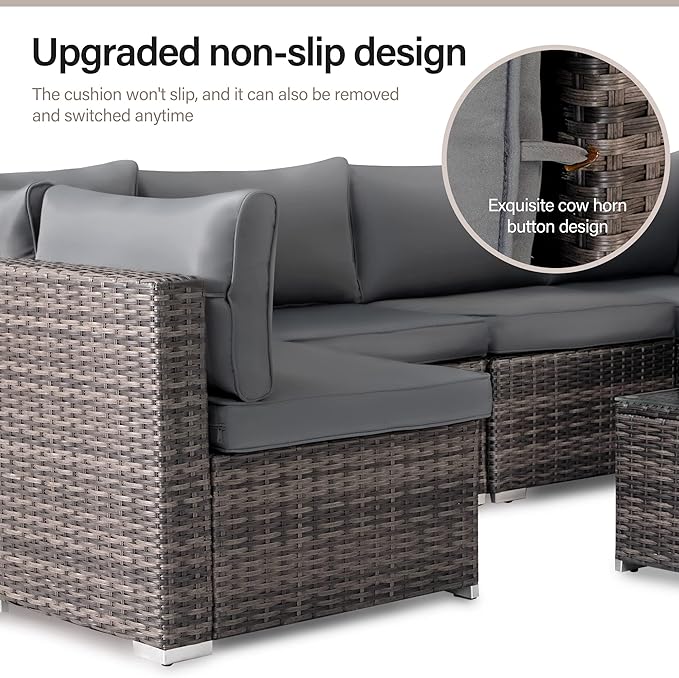 LAUSAINT HOME Outdoor Patio Furniture, 7 Pieces Outdoor Sectional PE Rattan Wicker Patio Furniture Sets, All Weather Garden Conversation Seat with Cushion and Glass Coffee Side Table (Grey)