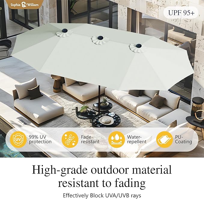 Sophia & William 15 ft Extra Large Patio Umbrella with Base Included, Rectangular Outdoor Umbrella Heavy Duty, Market Umbrella Double-sided Fade Resistant for Pool Garden Backyard, Ivory White