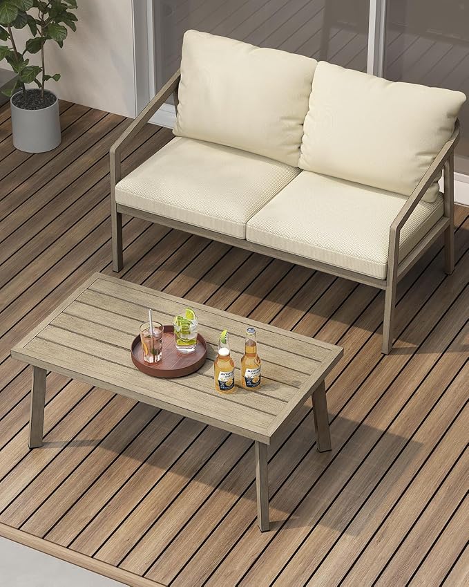 Patio Coffee Table, Never-Rust Aluminum Outdoor Coffee Table with Wood Grain Texture, Modern Rectangle Garden Coffee Table with Slatted Tabletop for Poolside, Decks, Indoor, Balcony, Gray Oak