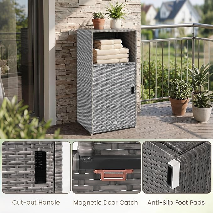Tangkula Rattan Outdoor Storage Cabinet, Patiojoy PE Wicker Outdoor Cabinet with 3 Storage Shelves, Open Compartment and Door, Patio Storage Deck Box for Porch, Poolside, Backyard