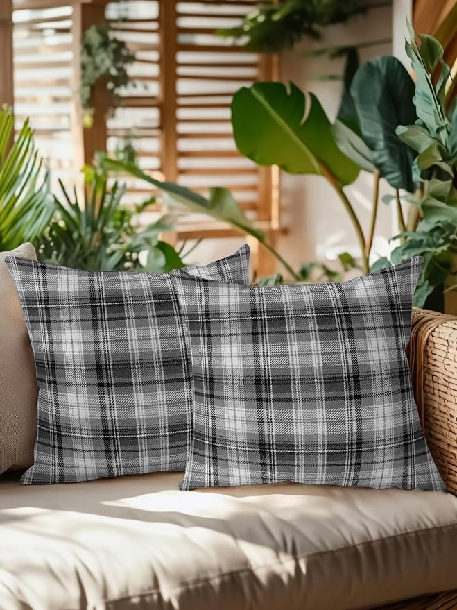 Waterproof Outdoor Pillow Set of 2 Gray Checked Plaid Decorative Throw Pillows Cover & Insert 16x16 Inch Pillowcase Stripes Woven Grid Square Pillows for Couch Sofa Bed Patio Furniture Indoor Outdoor