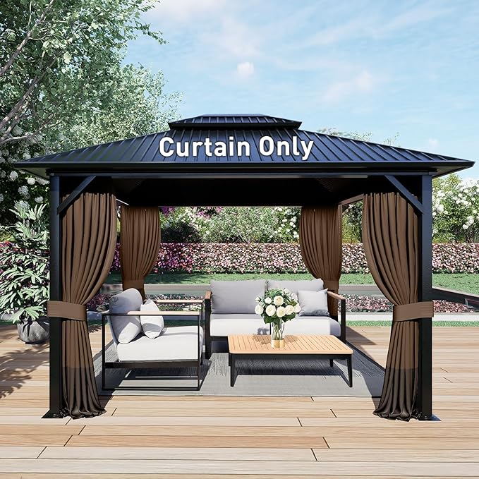 Aoodor 10x13 ft Outdoor Gazebo Curtains, 4 Panels Waterproof Privacy Sidewall Replacement with Zipper for Patio Pergola and Canopy, Brown and Coffee