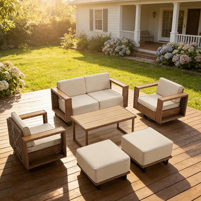 MOCHITO 7 Pieces Outdoor Patio Furniture Sets, All-Weather Sectional Sofa PE Rattan Wicker Conversation Set, Outdoor Patio sectional for Poolside, Porch, Lawn, Garden, Balcony(Beige)