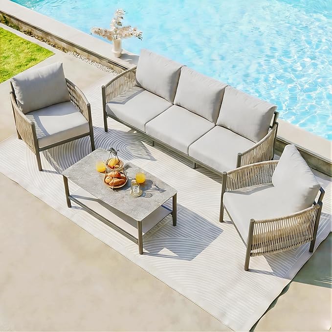 Aluminum Patio Furniture Set, 5 Seats Modern Outdoor Sectional Furniture with PE Rope & Dual-Layer Coffee Table, Luxury Patio Conversation Sets with 6" Cushions for Backyard/Garden, Gray