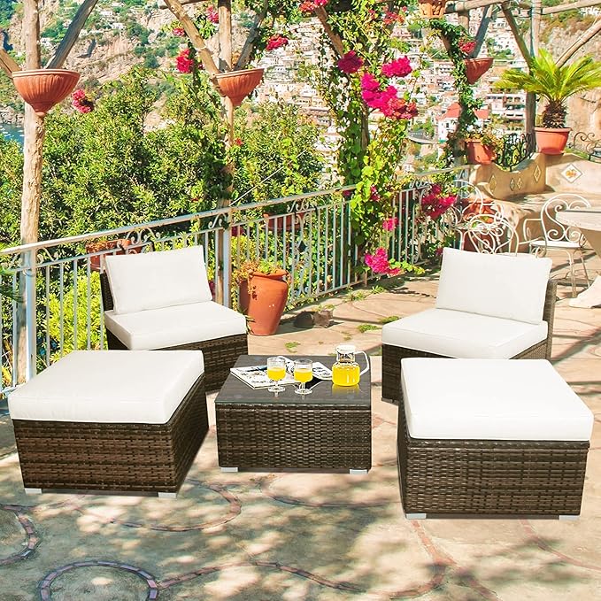 Tangkula 5 Piece Wicker Lounge Chair Set, with Tempered Glass Coffee Table, Outdoor Conversation Sets w/Washable Zippered Cushions, Includes 2 Armless Sofas, 2 Ottomans and 1 Side Table
