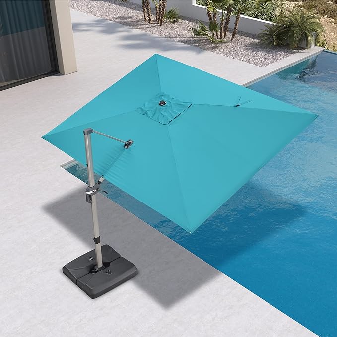PURPLE LEAF 9' X 11' Patio Umbrella, Rectangle Outdoor Cantilever Umbrella, Aluminum Offset Umbrella with Champagne Frame and 360° Rotation for Pool Deck Garden, Turquoise Blue