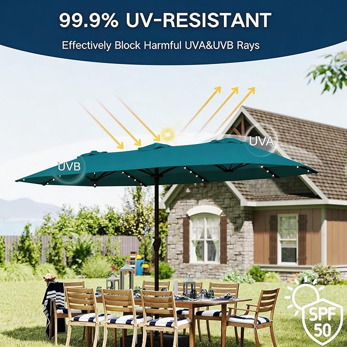 15ft Large Patio Umbrella with Solar Lights and Base, Double-Sided Outdoor Rectangle Umbrella with 48 LED Lights, Market Table Umbrellas with UV Resistant Canopy