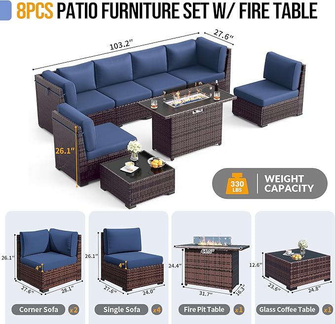 Outdoor Patio Furniture Set with 44" Fire Pit Table 8 Pieces Rattan Patio Sectional Sofa Conversation Set w/55000 BTU Propane Gas Fire Pit, Coffee Table, 2 Waterproof Covers, Blue