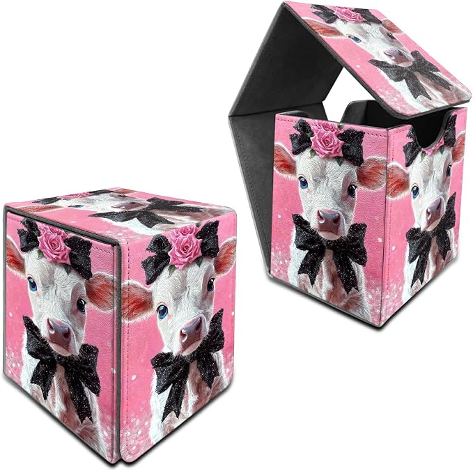 Pink Flower White Cow Card Deck Box for MTG, Personalized Card Storage Case Fits 120+ Sleeved Cards, Premium Leather TCG Box with Strong Magnetic Closure for Magic, PTCG, Baseball Cards