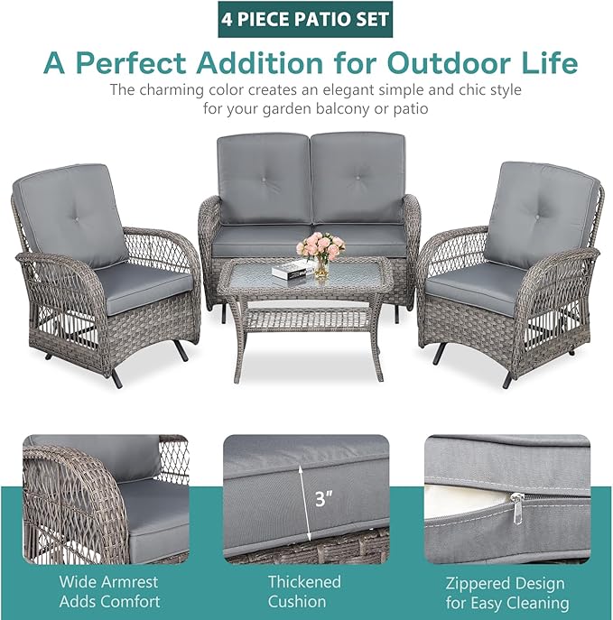 MEETWARM 4 Pieces Outdoor Wicker Patio Conversation Sets with Glider Loveseat, 2 Chairs with Glass-Top Coffee Table Wicker Rocking Glider Set, Wicker Conversation Set w/Thickened Cushions, Gray