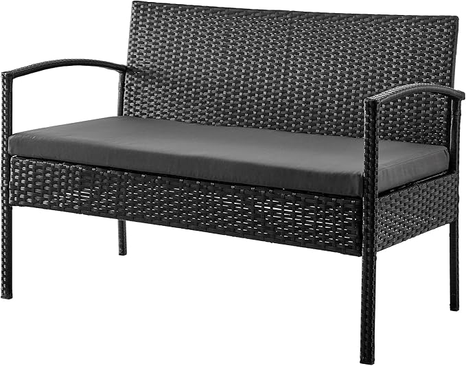 Manhattan Comfort Noli 4-Piece Patio Conversation Set, Outdoor Furniture Made of Steel Rattan | Includes 2 Modern Armchairs, Loveseat, Tempered Glass Coffee Table, Removable Waterproof Cushions, Grey