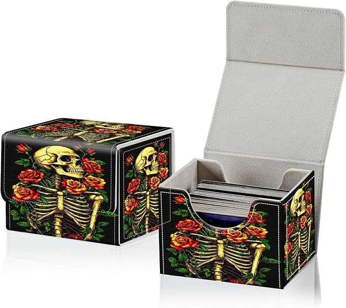 Card Deck Box for MTG, Cards Storage Box Fits 120+ Sleeved, Leather Small Size Strong Magnetic Closing Card Case for Board Games Magic TCG CCG Baseball Collection, Skull Red Rose