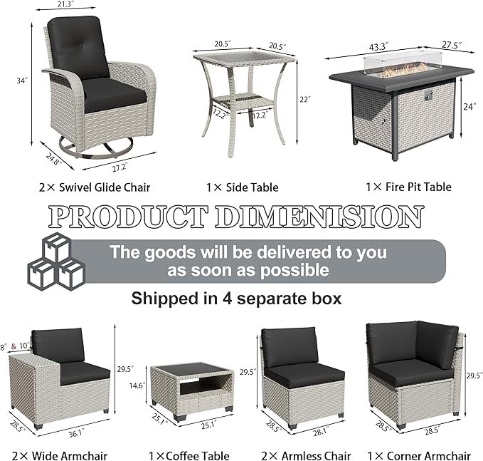 10-Piece Outdoor Patio Furniture Set, Modular Sectional Sofa Set with Swivel Rocker Chairs & Fire Pit, Wicker Outdoor Couch Conversation Sets w/Coffee Table and Cushions, Black