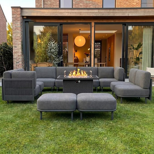 LayinSun 11 Pieces Patio Furniture Set with Fire Pit Table, Modern Outdoor Modular Sectional Conversation Set L-Shaped Sofa with 7-inch Cushion for Garden Backyard Deck