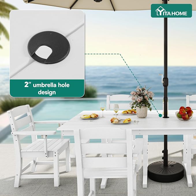 YITAHOME 71" HIPS Outdoor Dining Table for 6, Rectangular Patio Table with Umbrella Hole, All Weather Resin Large Table for Garden Backyard, High Capacity 165 LBS, White