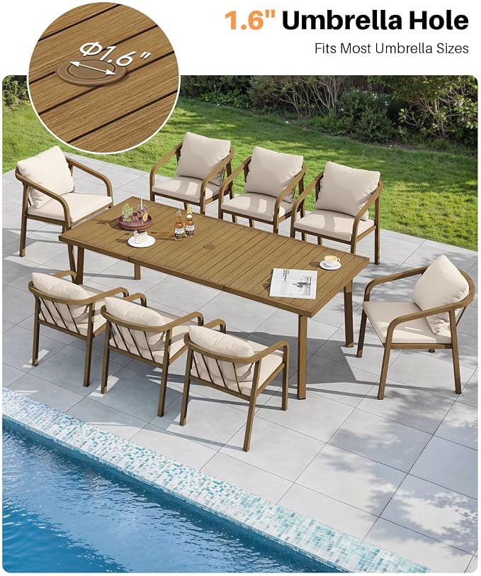 Outdoor Dining Table for 8, Never-Rust Aluminum Patio Dining Table, 82"×35" Large Rectangle Patio Table with Umbrella Hole, Outdoor Table with Wood-Like Texture for Commercial, Backyard, Teak