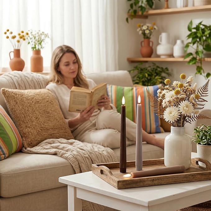 Brown Flameless Taper Candles with Remote, 9.6 Inches Real Wax Battery Operated Candles, 3 Pack Flickering LED Candlesticks, Tall Taper Fake Candles for Home, Wedding, Party