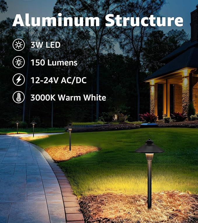 SUNVIE Low Voltage Pathway Lights 12V LED Landscape Path Lights 3000K Outdoor Waterproof Landscape Lighting 3W Aluminum Low Voltage Landscape Lights for Walkway Yard Garden ETL Listed Cord, 4 Pack