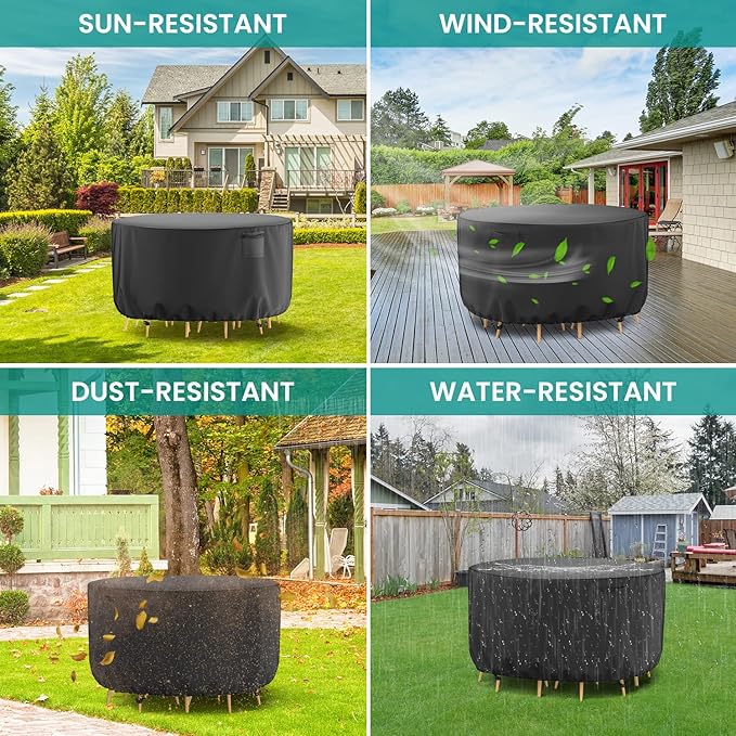 Round Patio Furniture Cover, Waterproof Outdoor Table Covers, Windproof Heavy Duty Patio Cover for Outdoor Table & Chair Set, Tear Resistant, 72"DIA x 28"H, Black