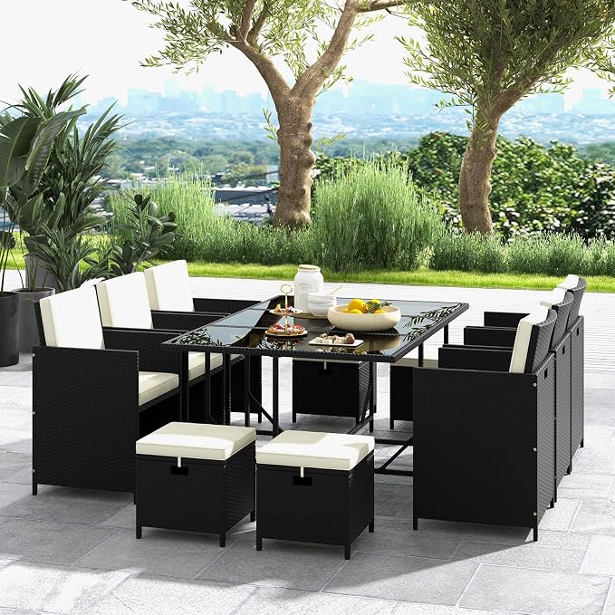 Tangkula 11 Pieces Patio Dining Set, Space-Saving Wicker Chairs & Tempered Glass Table with Ottomans, Thick Soft Cushions, Outdoor Conversation Furniture Set for Garden Yard Poolside