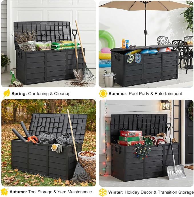 75 Gallon Resin Deck Box, Waterproof Anti-UV Lockable Outdoor Storage Bin for Patio Furniture Garden Tools, Heavy Duty Indoor Package Delivery Deck Boxes for Pillows Pool Cushions, Black