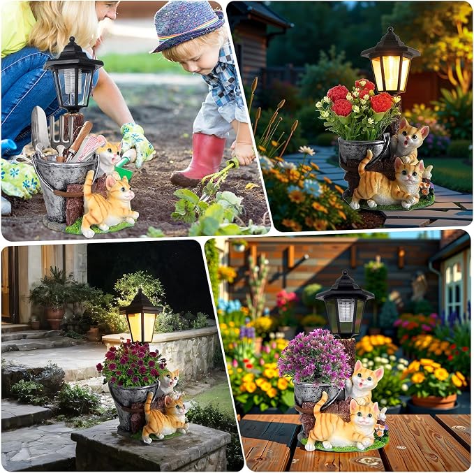 Solar Cat Outdoor Statues, Garden Sculptures with Flowerpot & Lantern | Cute Cat Figurines for Yard Art Lawn Ornaments Porch Patio Balcony - Idea Gifts for Women Mom Grandma