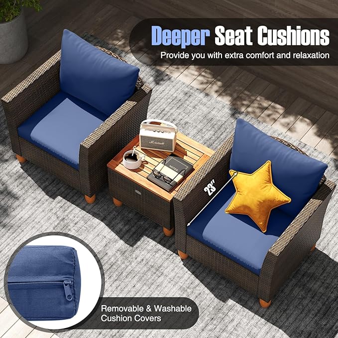 HAPPYGRILL 3-Piece Patio Conversation Furniture Set Outdoor Wicker Sofa Set with Soft Cushions & Coffee Table for Balcony Backyard Porch