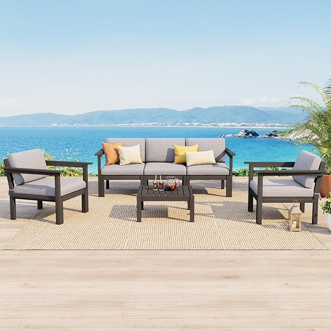 Stoog All-Weather Patio Conversation Set, 6-Piece Modular Outdoor Sectional Sofa with Table - Waterproof HIPS Frame & Quick-Dry Olefin Cushions, Black