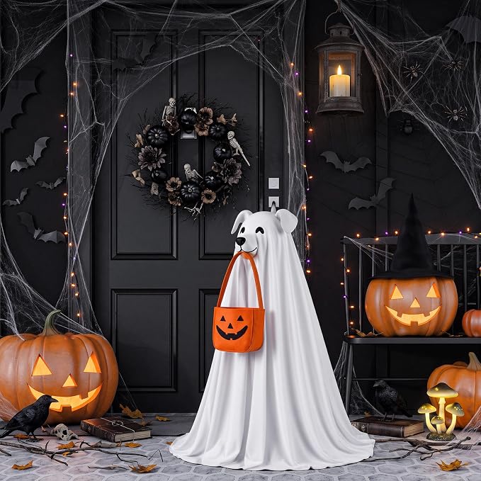 Soulchen Halloween Ghost Dog Style Porch Goose Outfits for 23 Inch Goose Clothes with Dress and Bonnet for Outdoor Garden Yard Lawn Entrance Decor