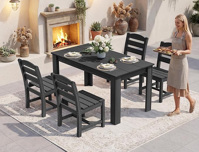 SERWALL Outdoor Dining Sets for 6, HDPE Dining Sets with 1 Umbrella Hole Cut-Out Rectangular Table and 4 Armless Chairs and 2 Armchairs, Patio Dining Sets, Black