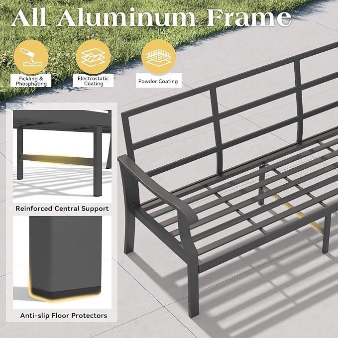 6 Piece Aluminum Patio Conversation Set, Outdoor Metal Furniture Set w/Rocking Swivel Chairs, 3-Seat Sofa, Ottomans and Coffee Table, 5" Thickened Cushions for Backyard, Poolside, Blue