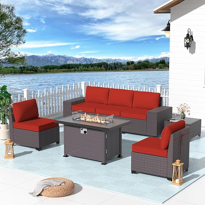 Patio Furniture Set 7 Pieces Outdoor Furniture Patio Conversation Set w/43in Gas Fire Pit,PE Rattan Wicker 7 Pcs Outdoor Sofa Set w/55000 BTU Propane Fire Pit Table,Red