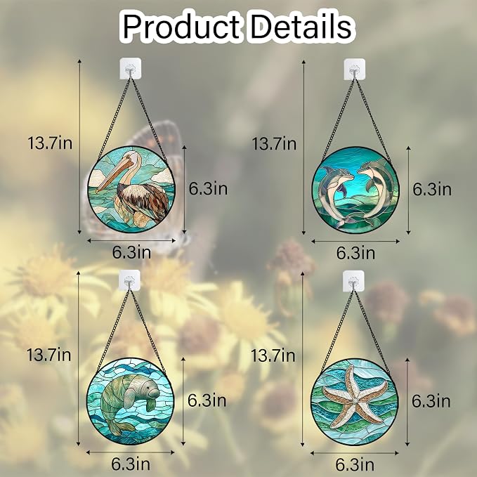 DASTOLL Stained Glass Window Hanging 4 Pcs Set Cyan Ocean Life Theme 6.3" - Sea Starfish Suncatcher Door Garden Sun Catcher Decor Birthday for Mom Woman Nana Men Friend